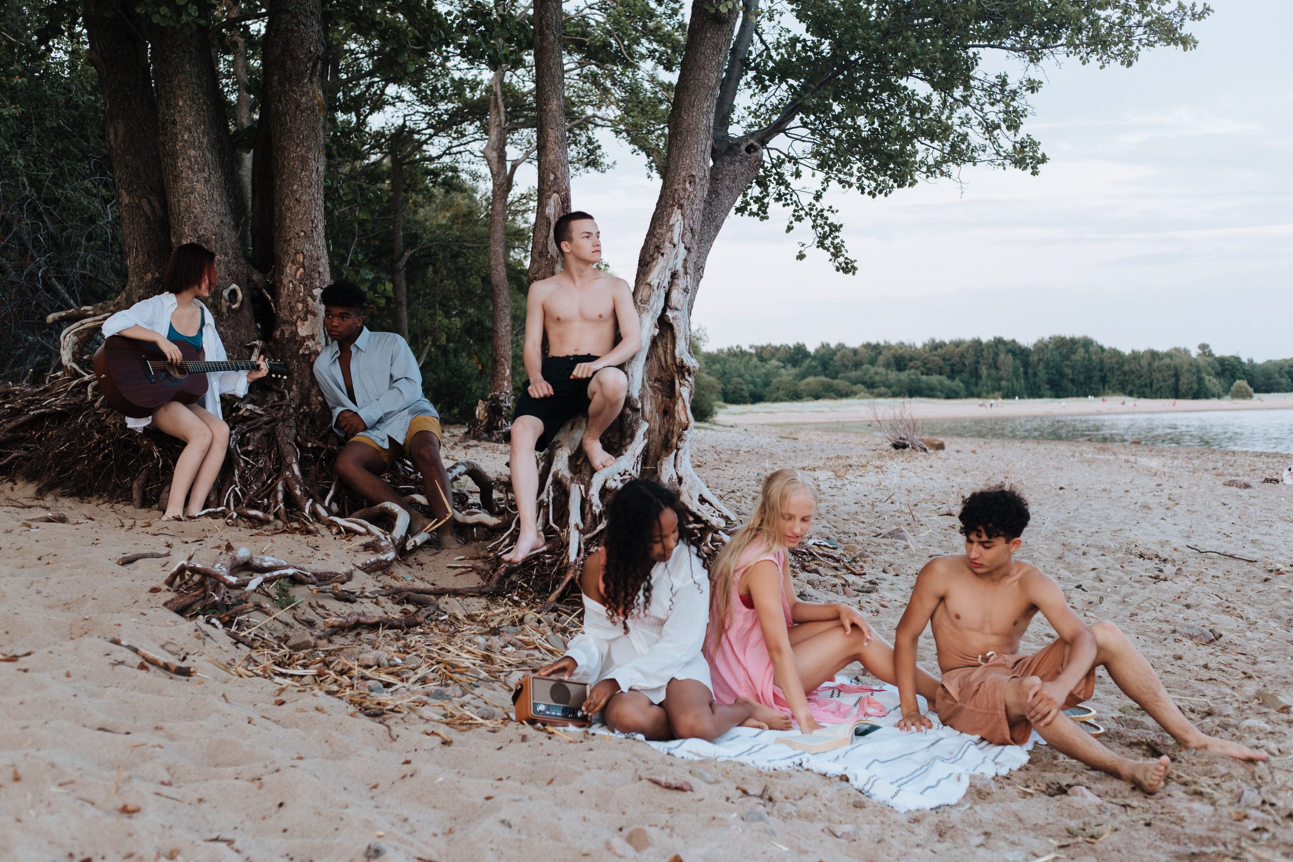 Adolescents profitant d'un pique-nique en bord de mer