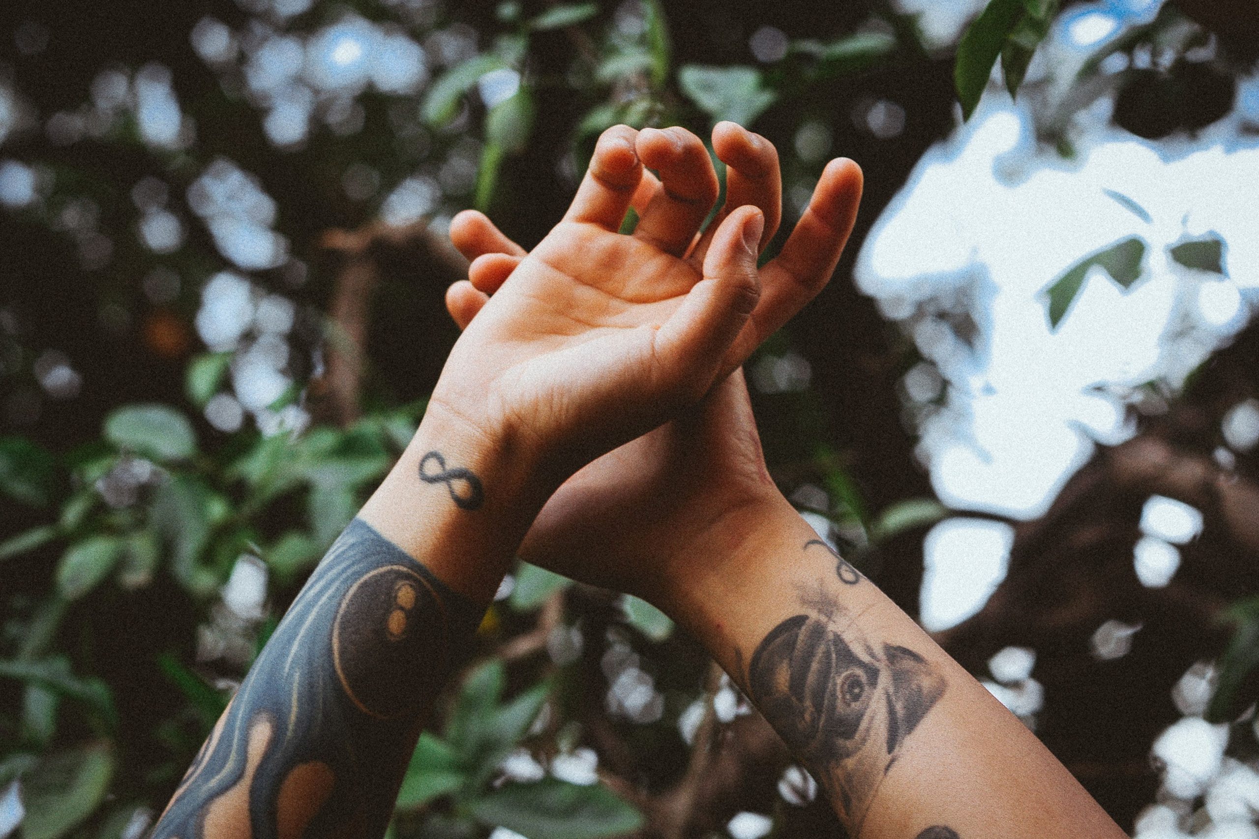 Mains tatouées se tendant dans la nature